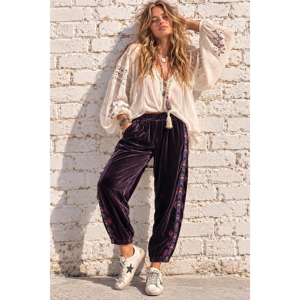 Johnny Was Black Silk Velvet Embroidered Rush Mix Jogger Pants Boho Large